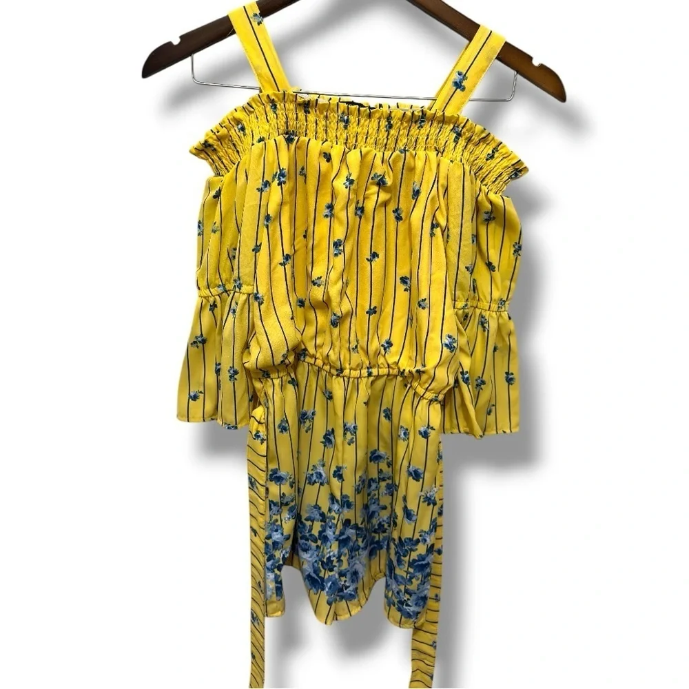 438 My Michelle | NWOT Yellow Floral Stripe Print Cold Shoulder Romper (Sz L)